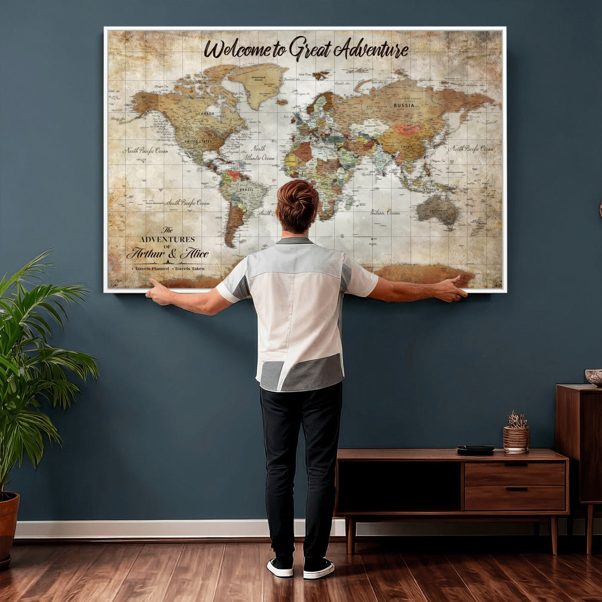 Personalized Beige Push Pin World Map Wall Art, Bucket List Map, Living Room and Family Room Decor