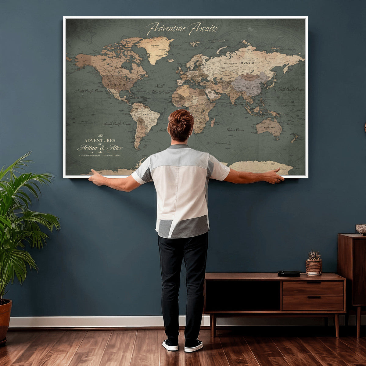 Personalized Framed Beige Modern World Map Canvas with Push Pins, Bucket List Map, Family Room and Dining Room Decor