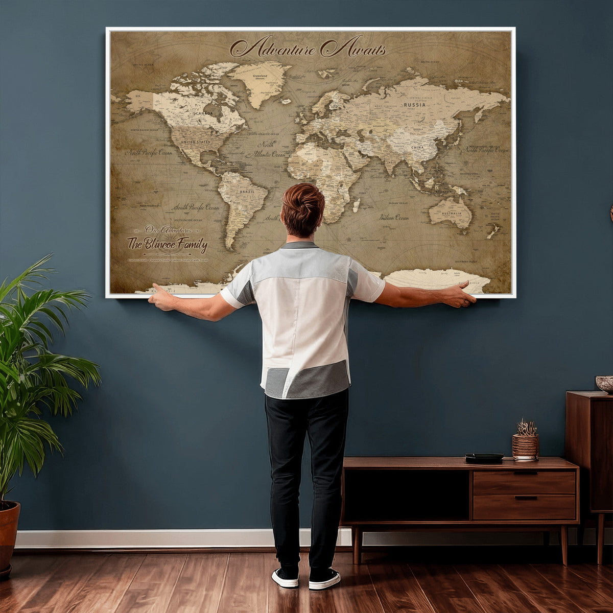 Custom Beige Modern Push Pin World Map Canvas Print, Family Travel Tracker, Dining Room and Home Office Decor