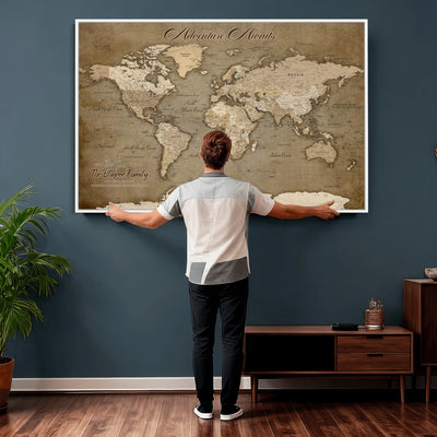 Custom Beige Modern Push Pin World Map Canvas Print, Family Travel Tracker, Dining Room and Home Office Decor