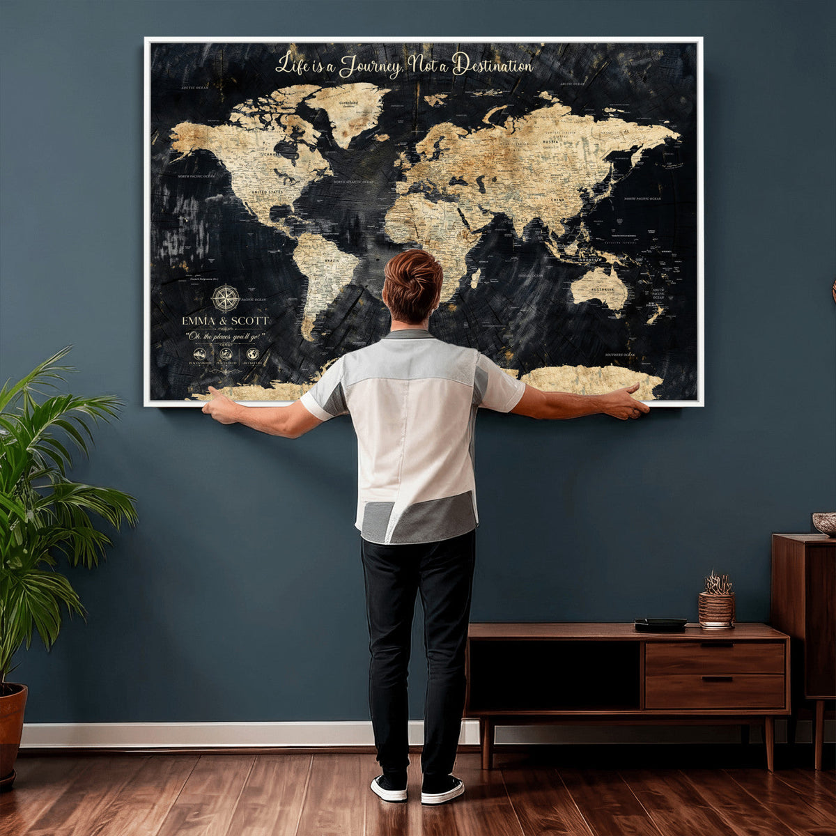 Personalized Framed Navy Modern Push Pin World Map Canvas Print, Couples Countries Visited Map, Family Room and Study Decor