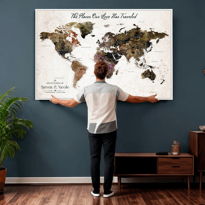 34345515-MGV-CV-36X24 - Custom Push Pin World Map Wall Art Canvas Print | Personalized Travel Tracker with Pins Framed Large for Home and Office Decor