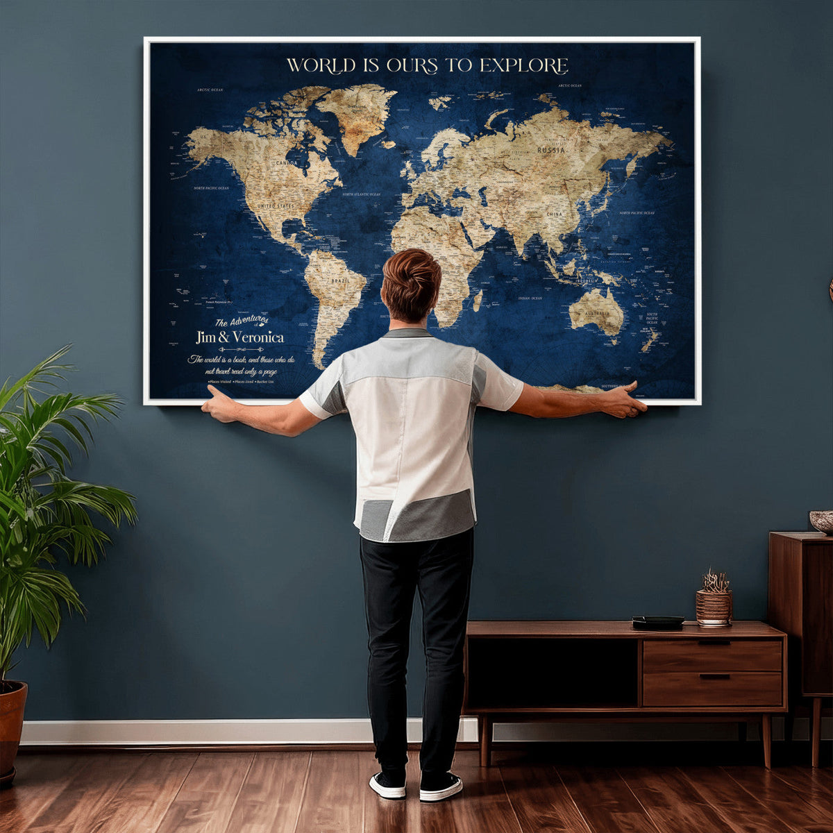 35296308-MGV-CV-36X24 - Custom Push Pin World Map Wall Art Canvas Print | Personalized Travel Tracker with Pins Framed Large for Home and Office Decor