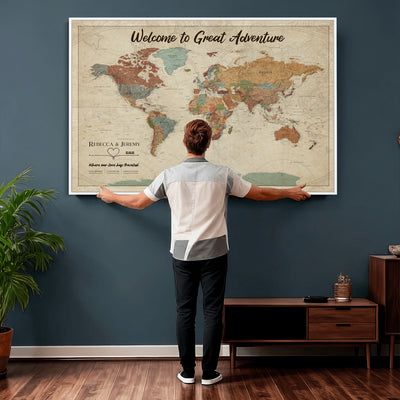 Large Personalized Beige Minimalist Push Pin World Map Wall Art, Next Trip Planner Map, Bedroom and Home Office Decor