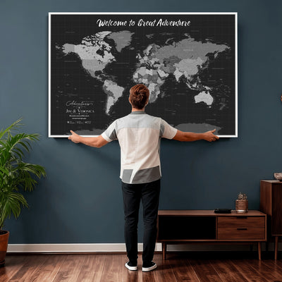 Custom Framed Navy Vintage World Map Canvas with Push Pins, Next Trip Planner Map, Entryway and Hallway Decor