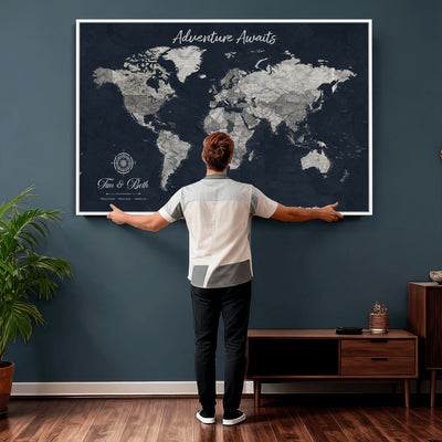 Personalized Framed Beige Vintage Push Pin World Map Wall Art, Bucket List Map, Study and Hallway Decor