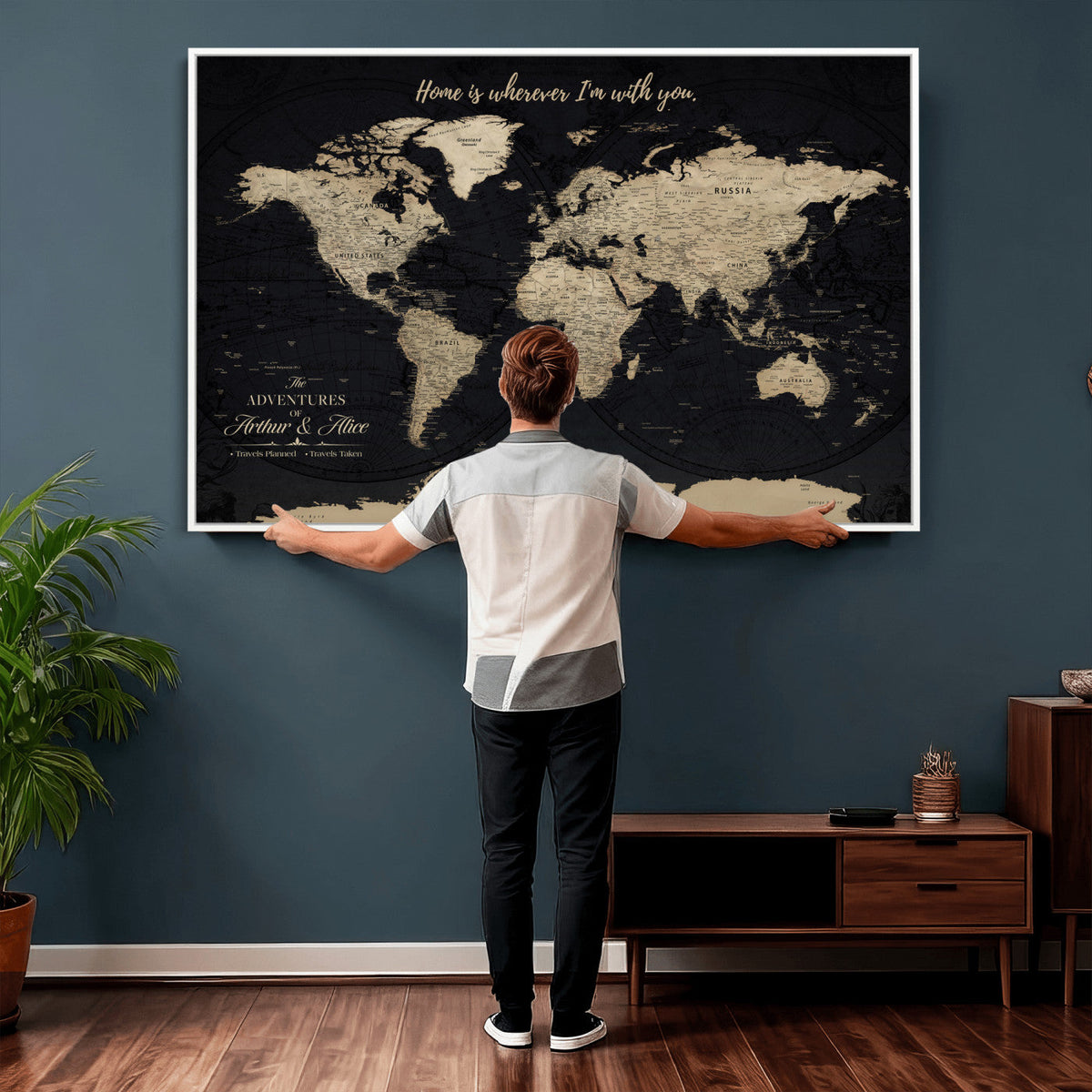 Personalized Framed Beige Modern Push Pin World Map Canvas Print, Places Visited Tracker, Family Room and Bedroom Decor