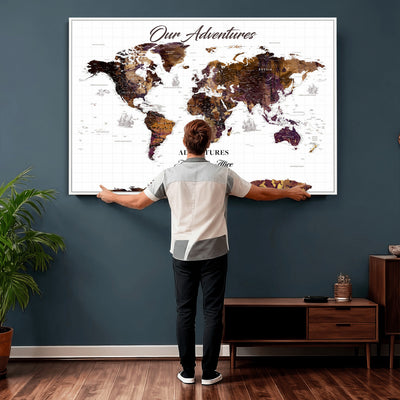 Personalized Framed Beige Vintage Push Pin Travel Map Canvas Print, Next Trip Planner Map, Home Office and Entryway Decor