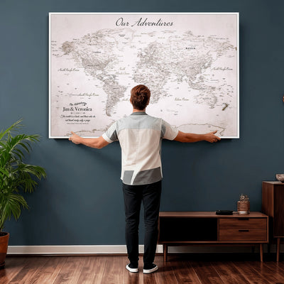 Personalized Beige Vintage World Travel Map Wall Art with Pins, Honeymoon and Anniversary Gift, Entryway and Hallway Decor