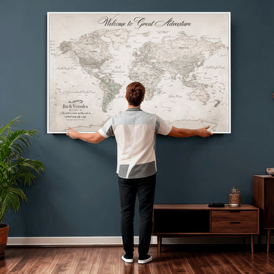 84311132-MGV-CV-36X24 - Personalized Beige World Map Canvas with Push Pins, Places Visited Tracker, Family Room and Entryway Decor
