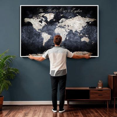 Personalized Beige Modern Push Pin Travel Map Canvas Print, Places Visited Tracker, Study and Entryway Decor