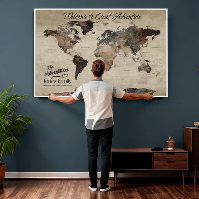 Custom Beige Modern Push Pin World Map Wall Art, Honeymoon and Anniversary Gift, Dining Room and Study Decor
