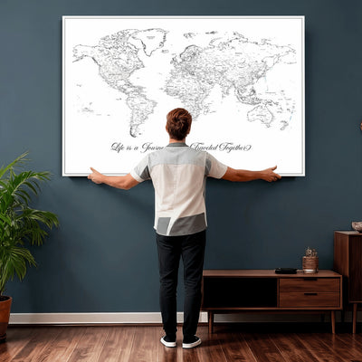 Personalized Framed Beige Modern Push Pin Travel Map Canvas Print, Couples Countries Visited Map, Living Room and Family Room Decor