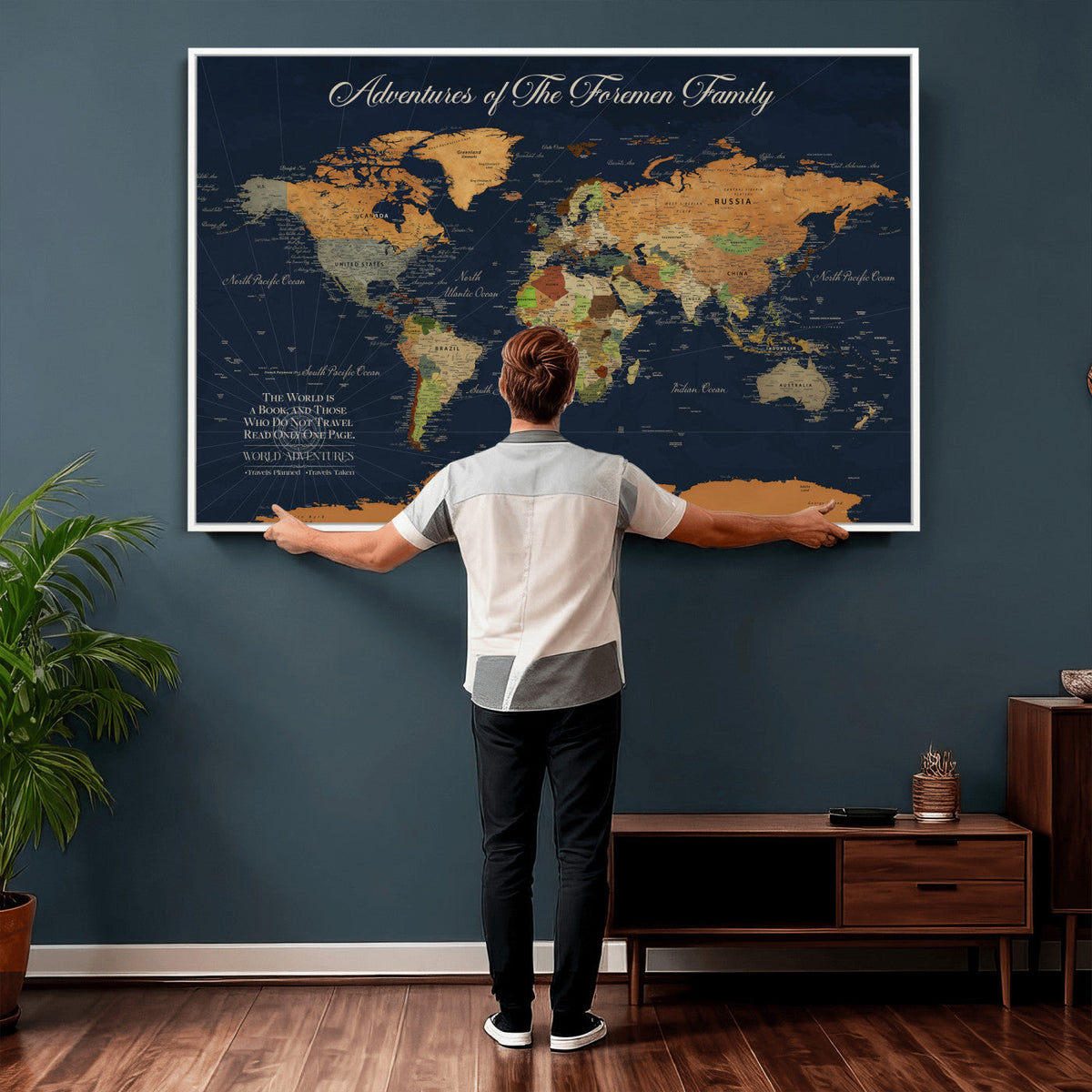 84352304-MGV-CV-36X24 - Custom Push Pin Travel Map Canvas Print, Honeymoon and Anniversary Gift, Living Room and Dining Room Decor