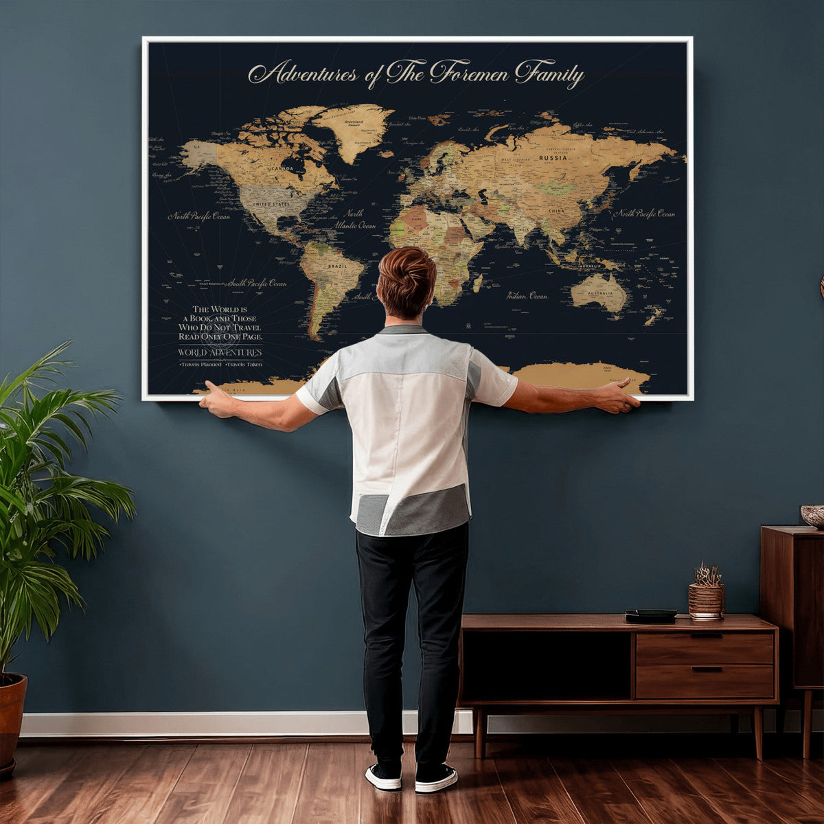 Personalized White Minimalist World Travel Map Wall Art with Pins, Places Visited Tracker, Entryway and Hallway Decor