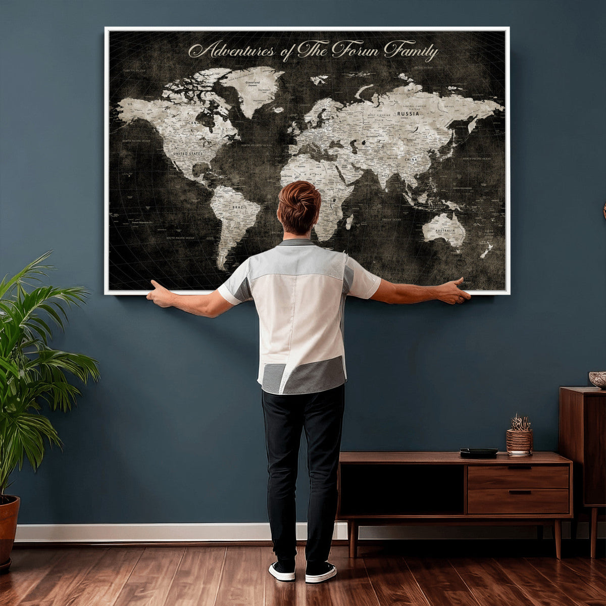 Personalized Framed Beige Push Pin World Map Canvas Print, Couples Countries Visited Map, Dining Room and Study Decor