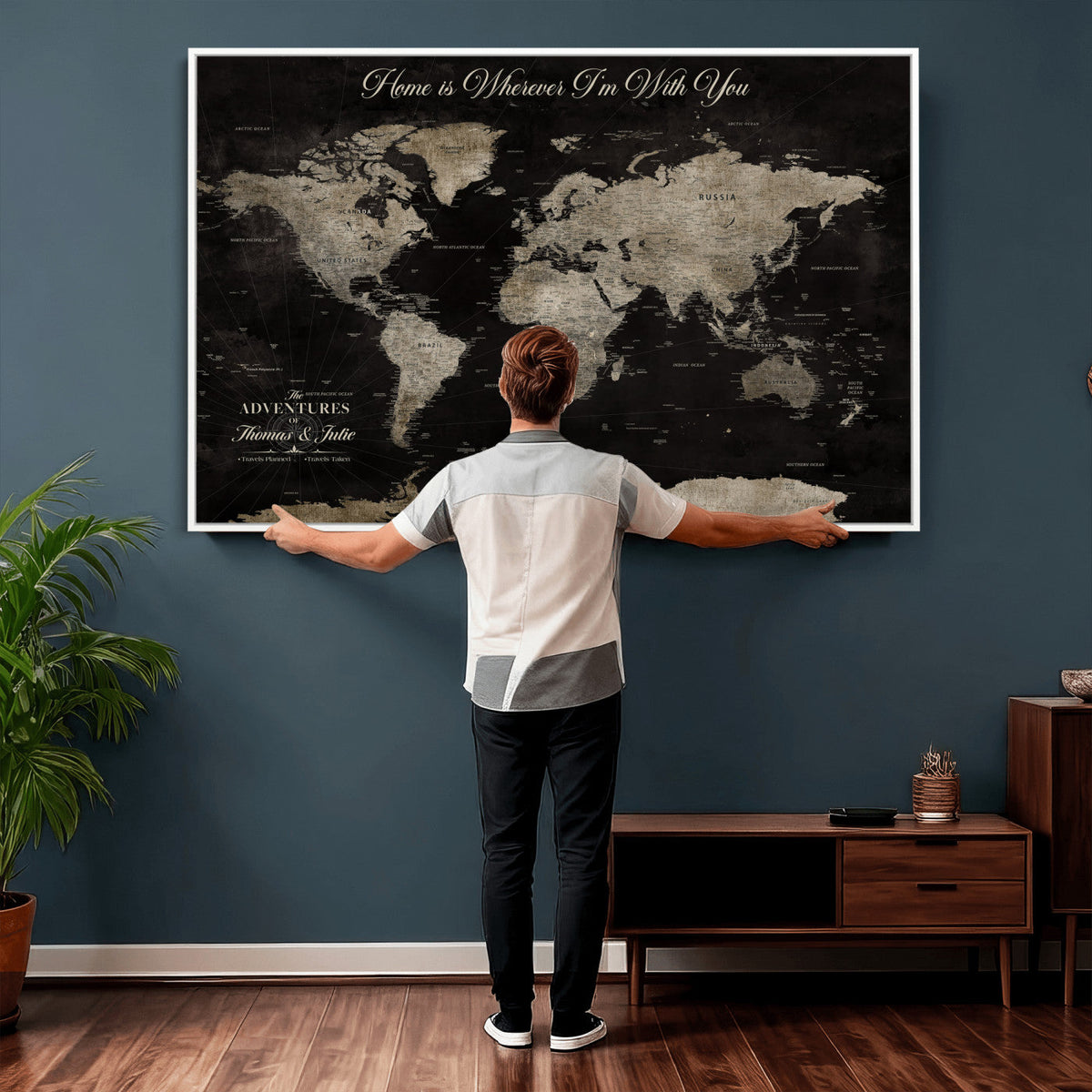 Personalized Framed Black Geometric World Map Canvas with Push Pins, Bucket List Map, Living Room and Dining Room Decor