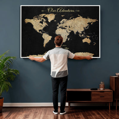 Personalized Framed Beige Push Pin World Map Canvas Print, Family Travel Tracker, Bedroom and Home Office Decor