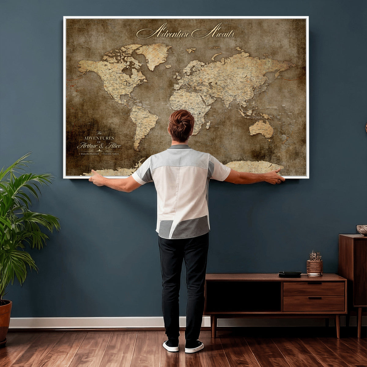 Personalized Framed Beige Push Pin Travel Map Canvas Print, Bucket List Map, Bedroom and Study Decor