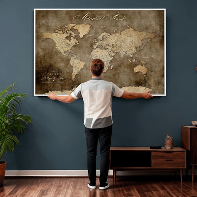 Personalized Framed Beige Push Pin Travel Map Canvas Print, Bucket List Map, Bedroom and Study Decor