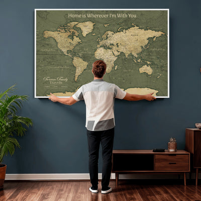 31715895-MGV-CV-36X24 - Custom Push Pin World Map Wall Art Canvas Print | Personalized Travel Tracker with Pins Framed Large for Home and Office Decor