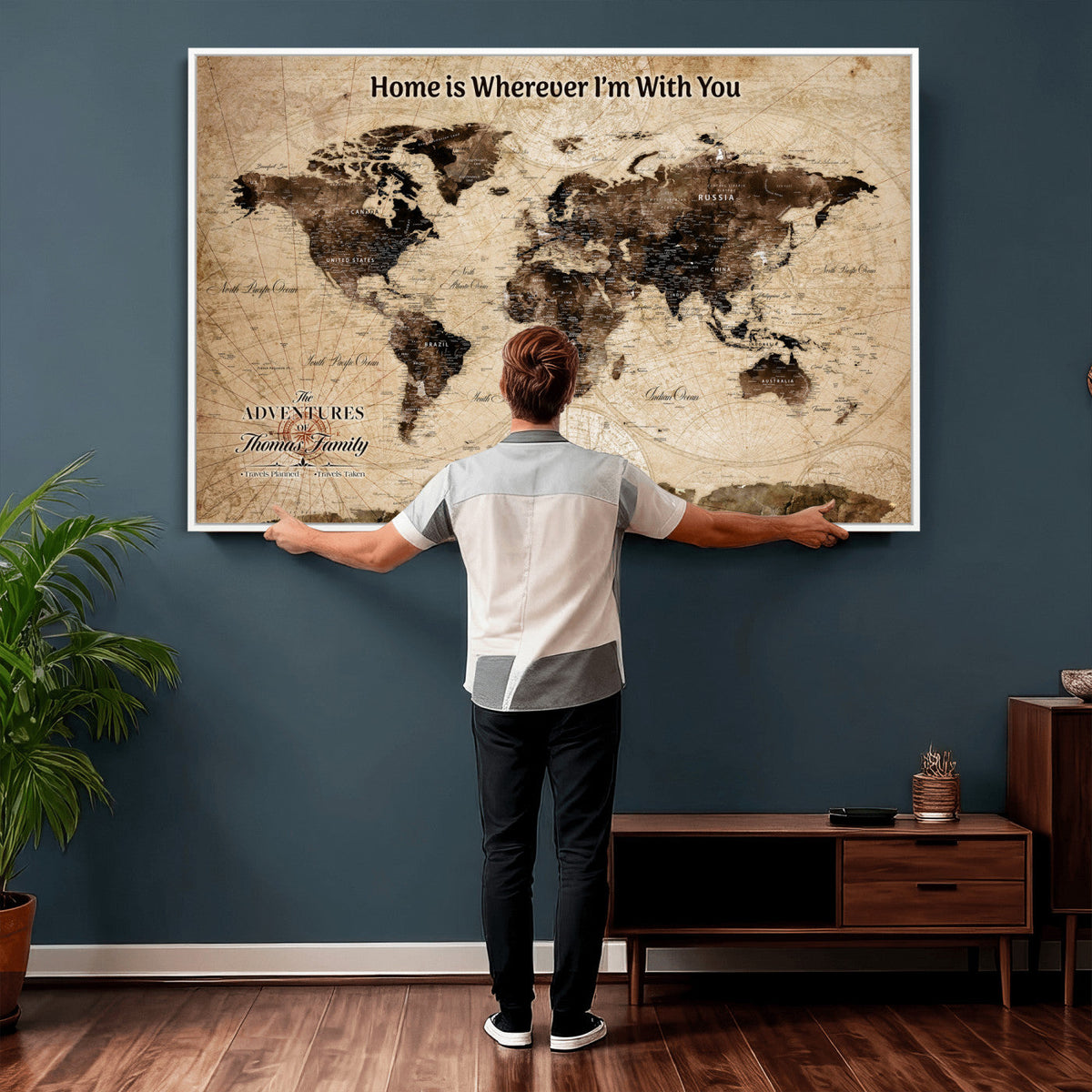 Personalized Framed Beige Modern World Travel Map Wall Art with Pins, Family Adventure Map, Living Room and Hallway Decor