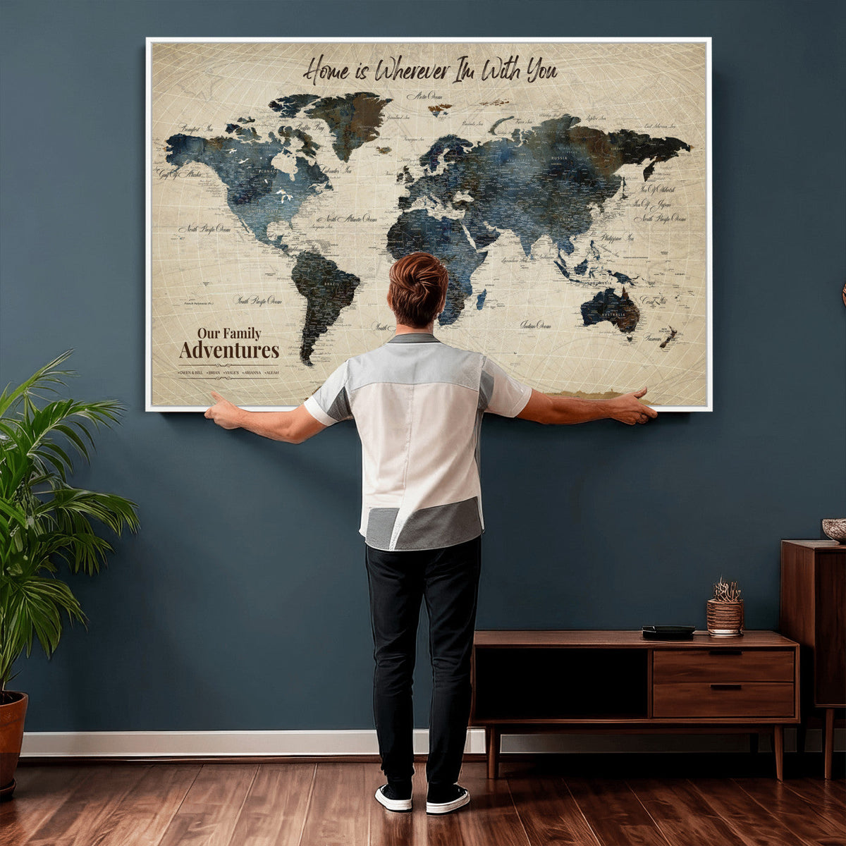 Personalized Framed Black Modern Push Pin Travel Map Canvas Print, Family Travel Tracker, Home Office and Entryway Decor