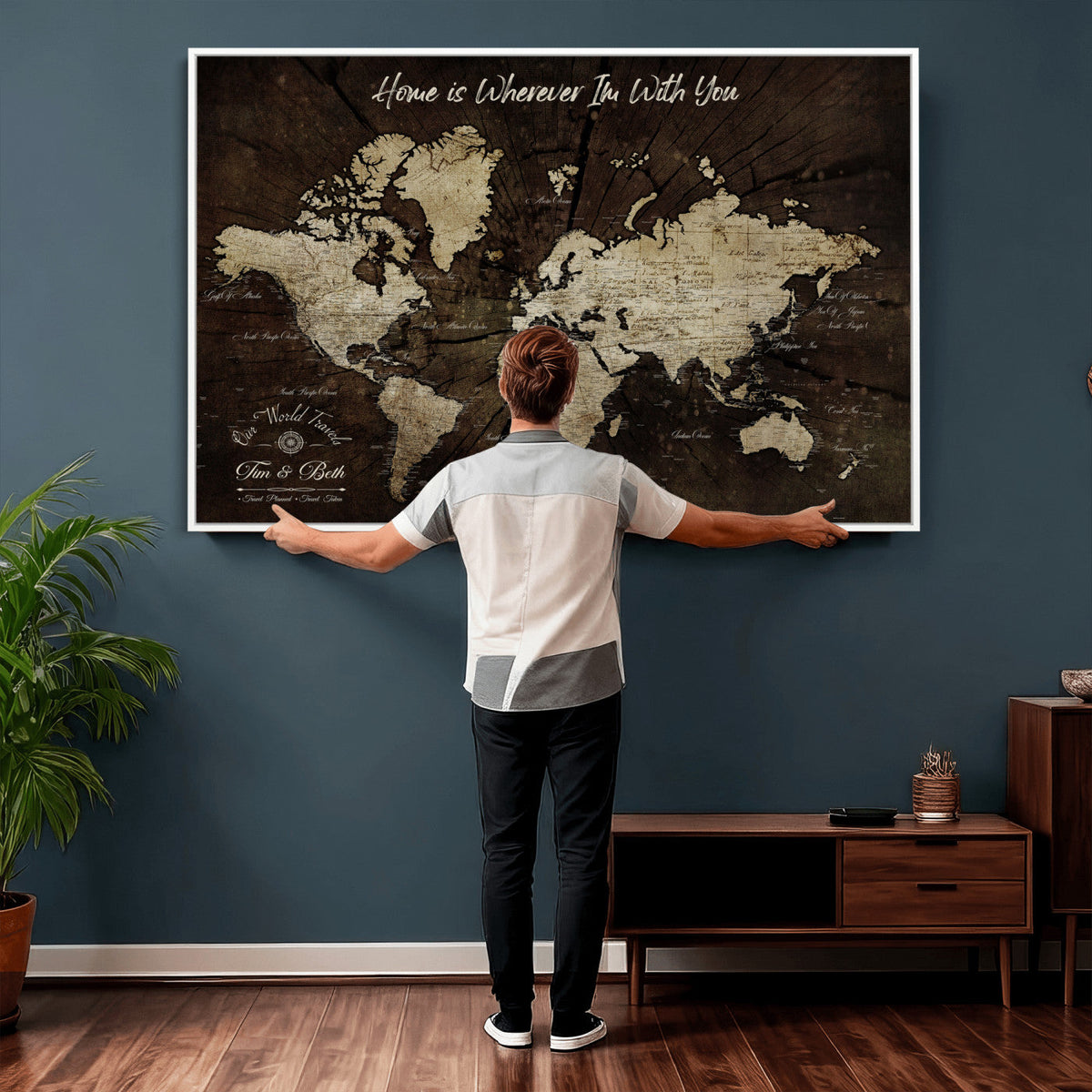Personalized Watercolor Push Pin World Map Canvas Wall Art, Custom Framed Travel Map - NEWMAP-094