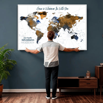 Personalized Framed Beige Modern Push Pin World Map Wall Art, Next Trip Planner Map, Family Room and Home Office Decor