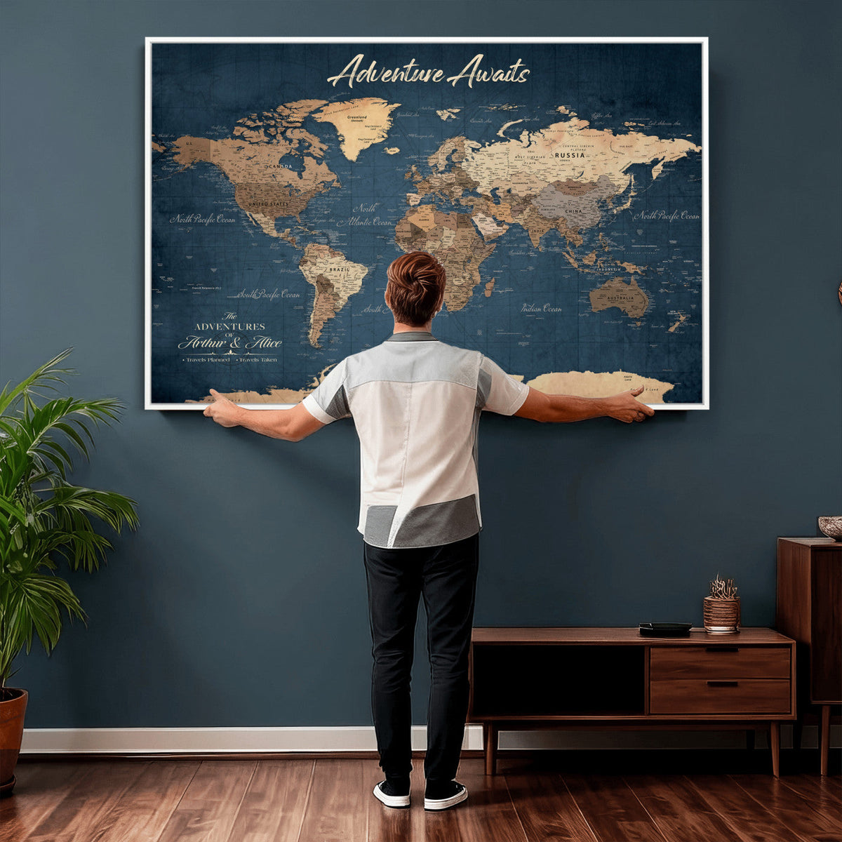 Personalized White Vintage World Travel Map Wall Art with Pins, Next Trip Planner Map, Family Room and Dining Room Decor