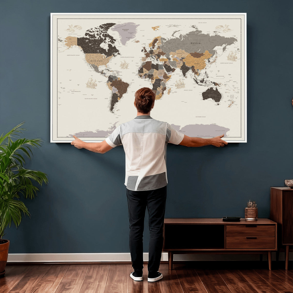 58777746-MGV-CV-36X24 - Custom Beige Modern Push Pin World Map Canvas Print, Places Visited Tracker, Bedroom and Study Decor