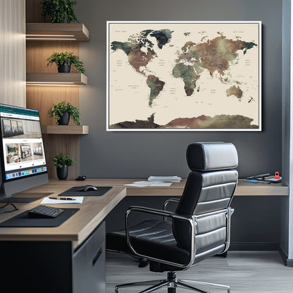 Push Pin World Map Canvas Print – Framed Wall Art for Couples to Track Their Travels – Anniversary Gift or Home Adventure Decor