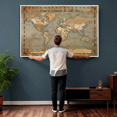 97123877-MGV-CV-36X24 - Vintage Custom Push Pin World Map Print | Vintage Travel Map Canvas, Personalized Names Anniversary Gift, Places Visited Pin Board