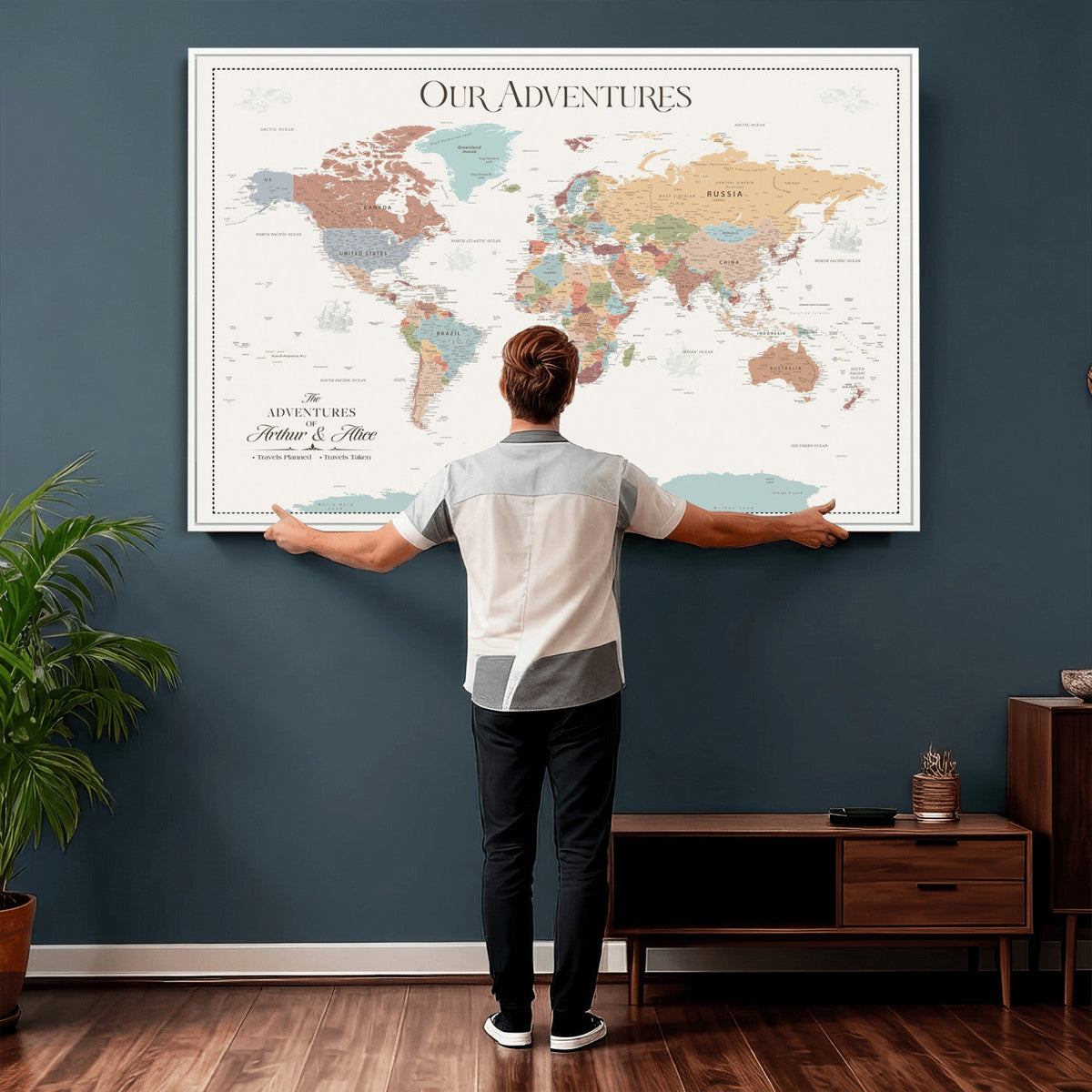 Personalized Framed Navy Push Pin World Map Canvas Print, Next Trip Planner Map, Living Room and Entryway Decor
