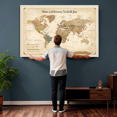 40086165SP-MGV-CV-36X24 - Custom Push Pin Travel Map Canvas Print, Cream Personalized Travel Tracker Map, Anniversary Gift, Vintage World Map Wall Art