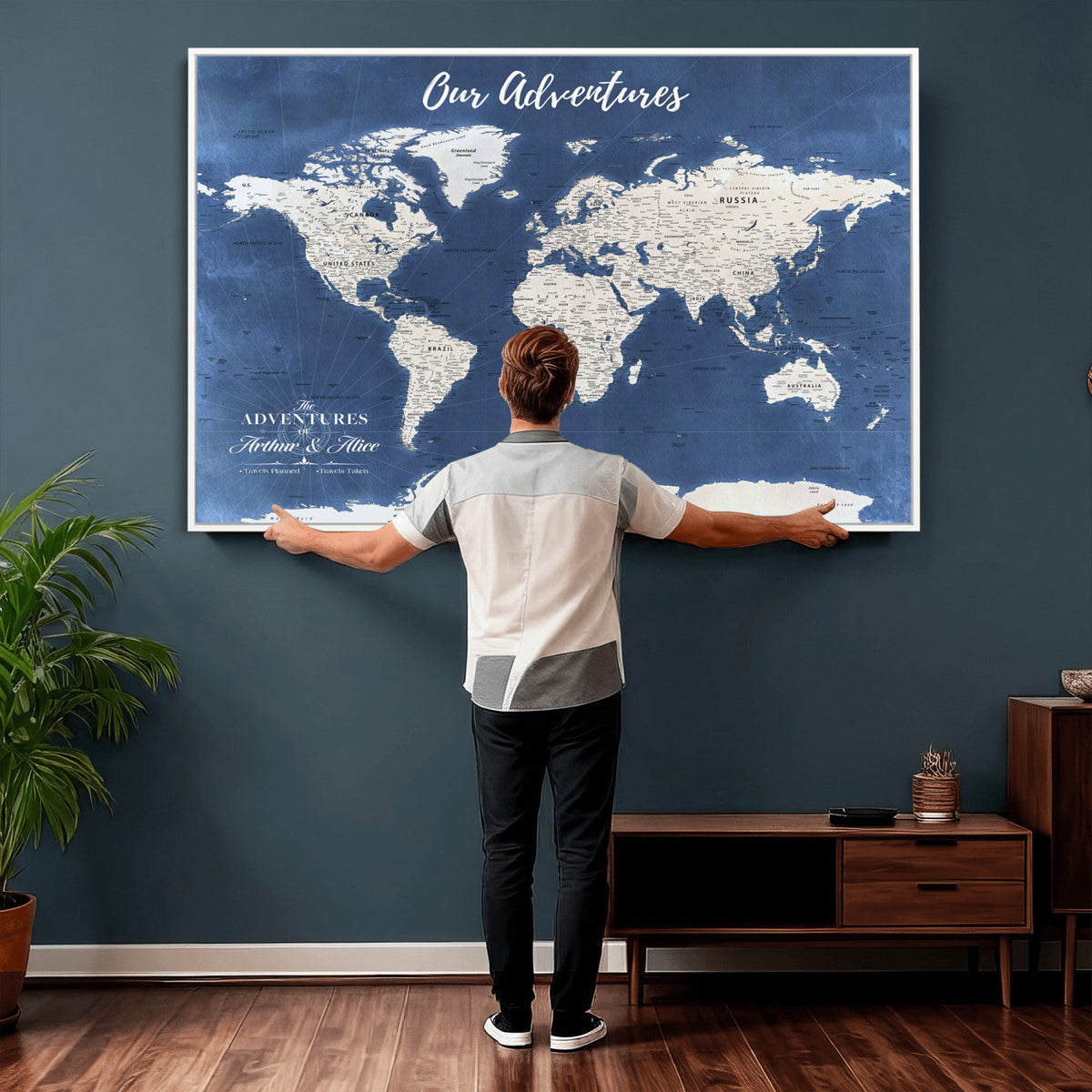 75405527-MGV-CV-36X24 - Extra Large Framed Personalize Push Pin World Map Wall Art Canvas Print for Travel Tracking - NEWMAP-113A