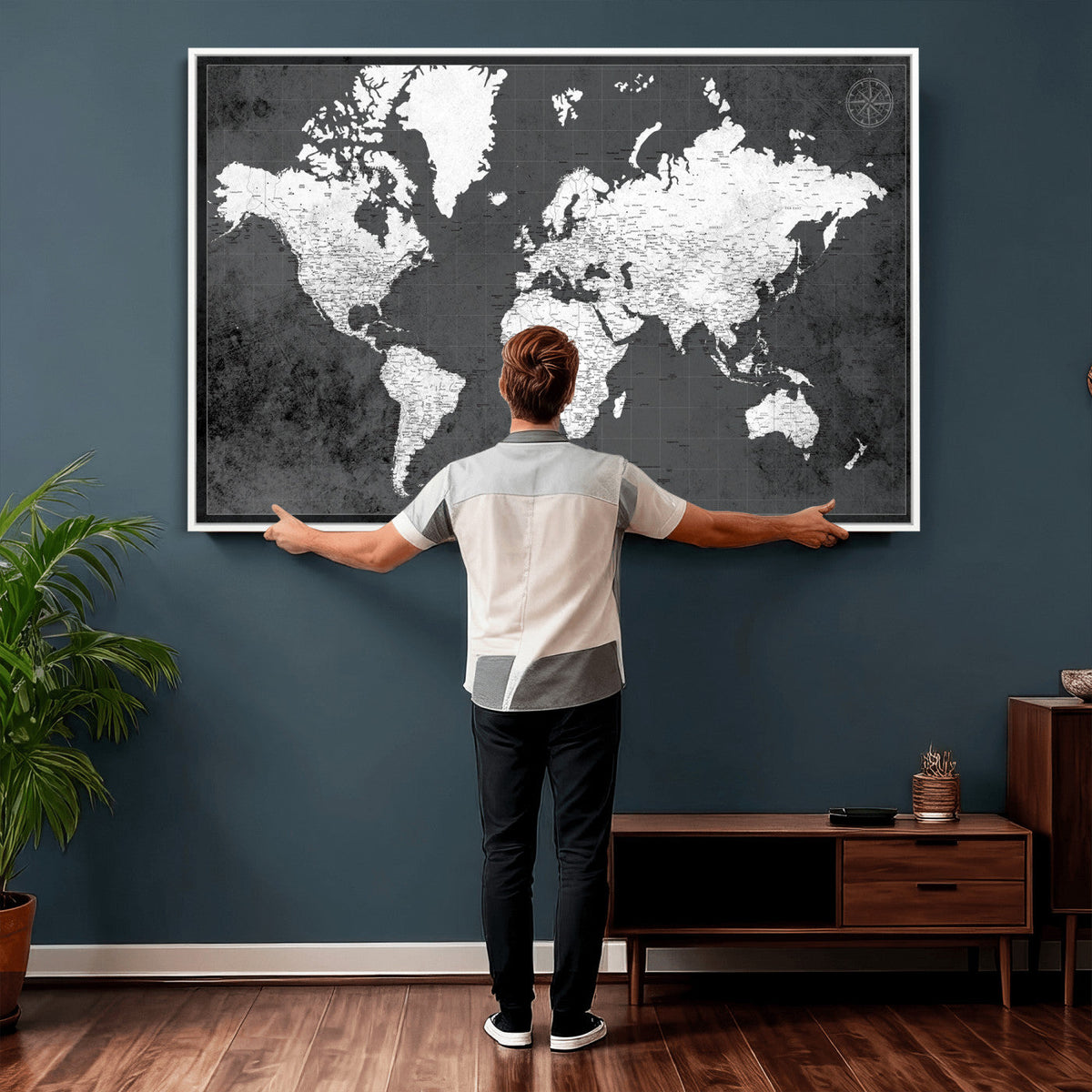 78574966-MGV-CV-36X24 - Extra Large Framed Personalize Push Pin World Map Wall Art Canvas Print for Travel Tracking - NEWMAP-128