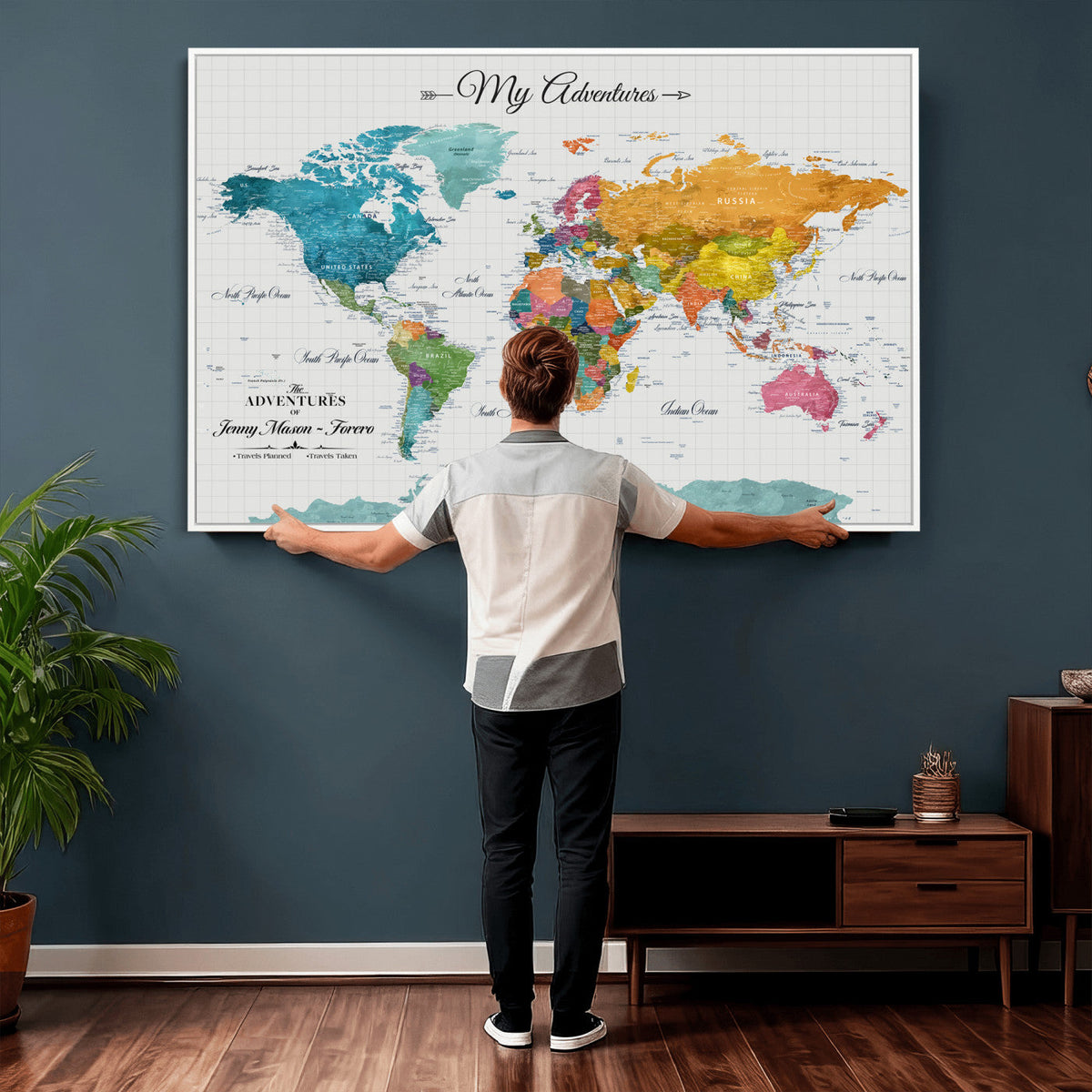 66743043-MGV-CV-36X24 - Extra Large Framed Personalize Push Pin World Map Wall Art Canvas Print for Travel Tracking - NEWMAP-131