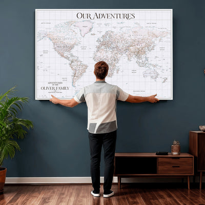 18074626D3DD-MGV-CV-36X24 - Extra Large Framed Personalized Push Pin World Map Wall Art Canvas Print for Travel Tracking