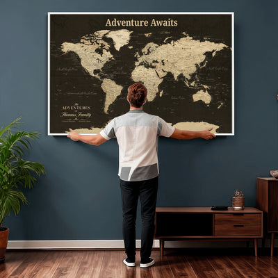 Custom Beige Modern World Travel Map Wall Art with Pins, Family Travel Tracker, Dining Room and Entryway Decor