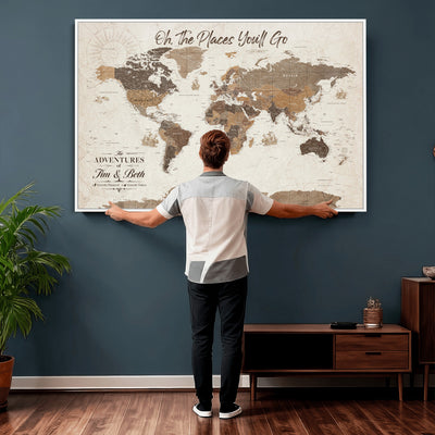 Personalized Beige Geometric Family Push Pin World Map Canvas Print, Honeymoon and Anniversary Gift, Living Room and Study Decor