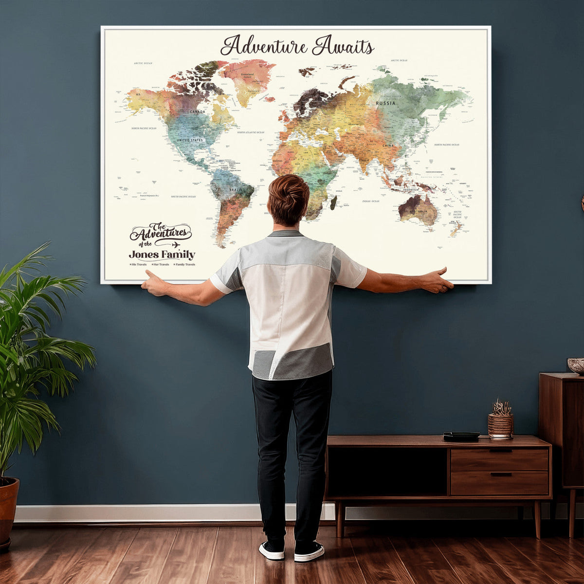 Personalized Framed Beige Modern Push Pin Travel Map Canvas Print, Family Travel Tracker, Bedroom and Home Office Decor