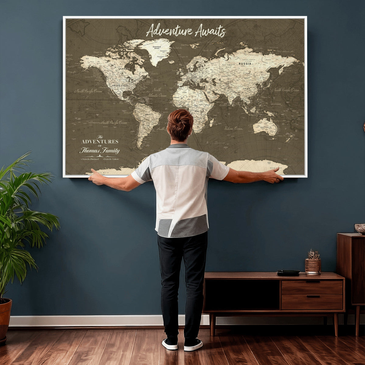 Personalized White Modern World Travel Map Wall Art with Pins, Honeymoon and Anniversary Gift, Living Room and Dining Room Decor