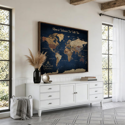 57774467-MGV-CV-36X24 - Custom Push Pin World Map Wall Art Canvas Print – Personalized Travel Tracker with Pins Framed Large for Home and Office Decor
