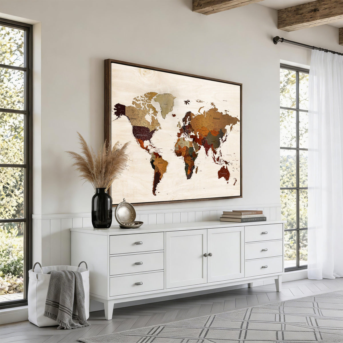 35728547D-MGV-CV-36X24 - Custom Push Pin World Map Wall Art Canvas Print – Personalized Travel Tracker with Pins Framed Large for Home and Office Decor