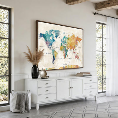 53654999D-MGV-CV-36X24 - Custom Push Pin World Map Wall Art Canvas Print – Personalized Travel Tracker with Pins Framed Large for Home and Office Decor