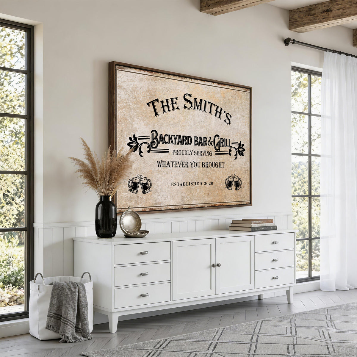 Custom Backyard Bar & Grill Sign, Personalized Family Name Arch Canvas
