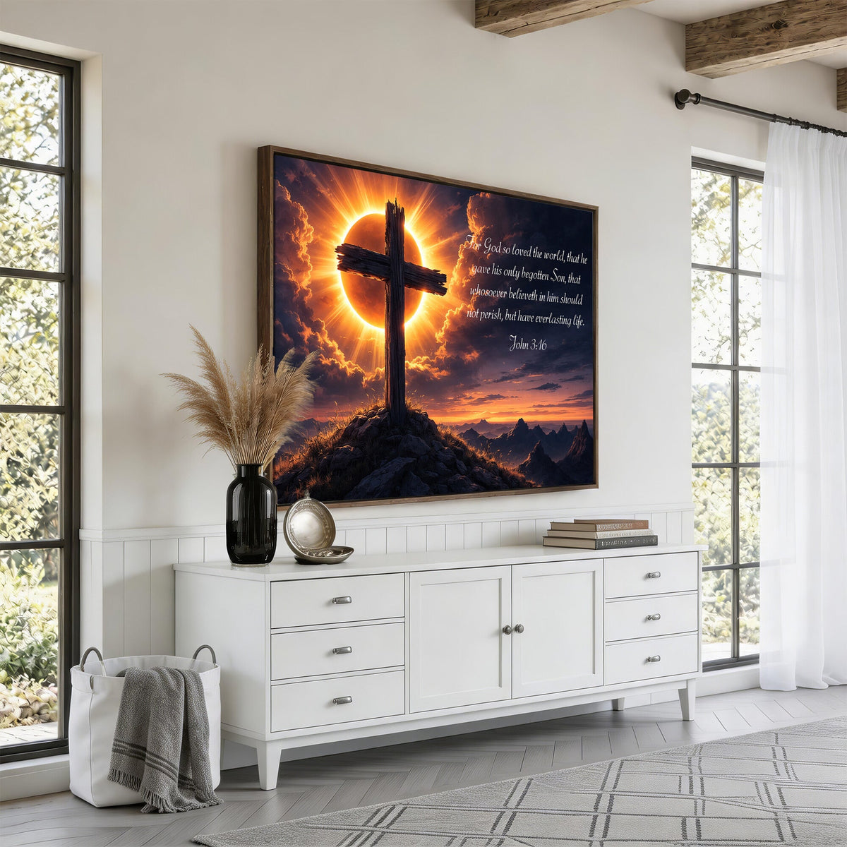 PatioSign02JSS-MGV-CV-36X24 - Custom Bible Verse Cross Canvas, Personalized Christian Wall Art