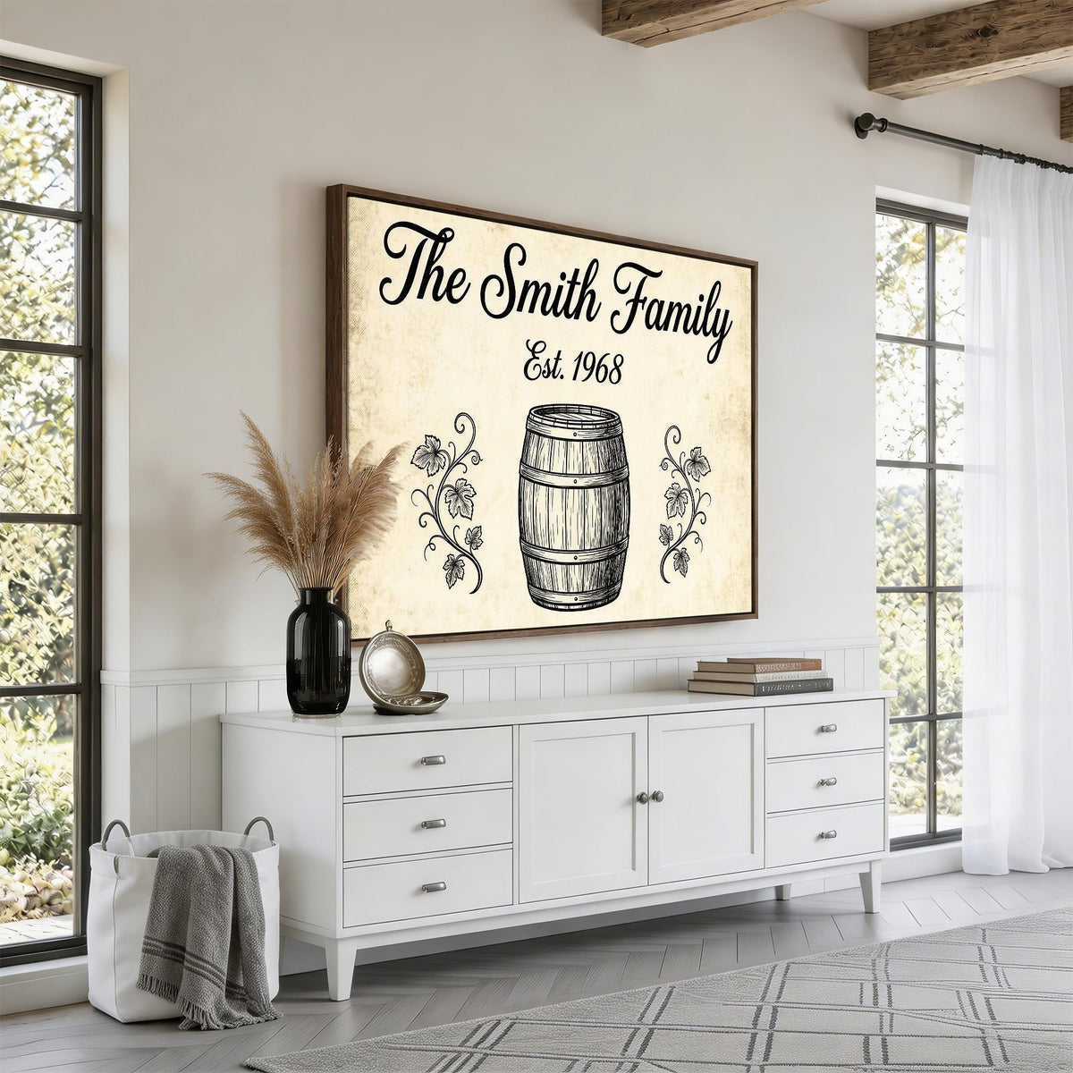 Vintage cream and black family name sign, canvas print