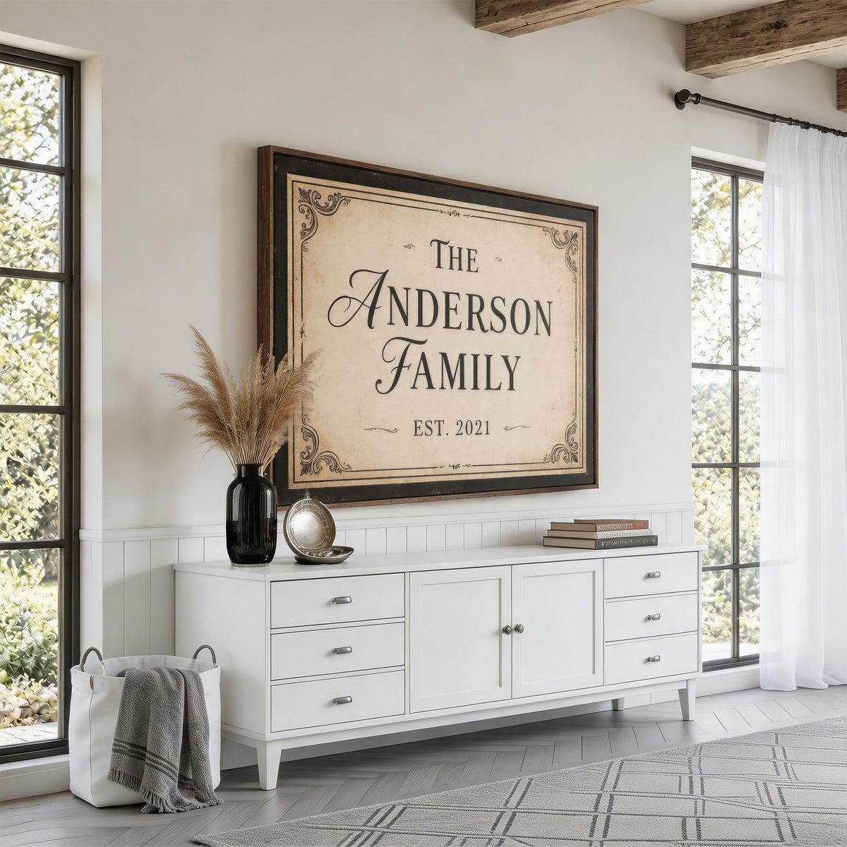 Ornate vintage family sign, charcoal border, canvas print